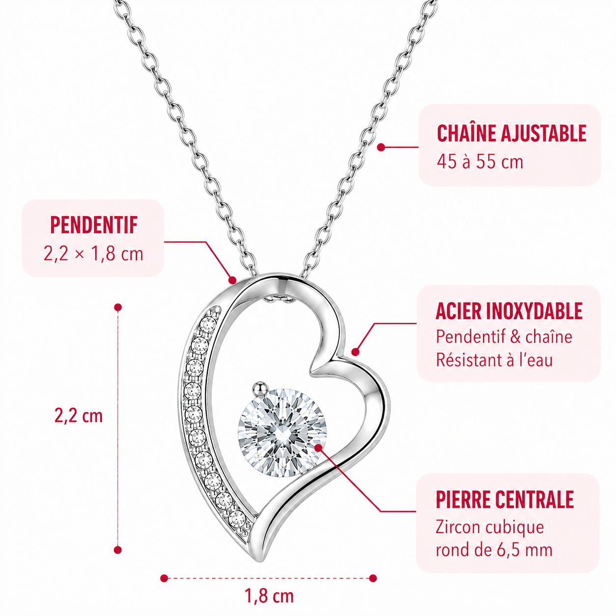 Caractéristiques du collier cœur argent Givelove – acier inoxydable, chaîne ajustable et zircon cubique
