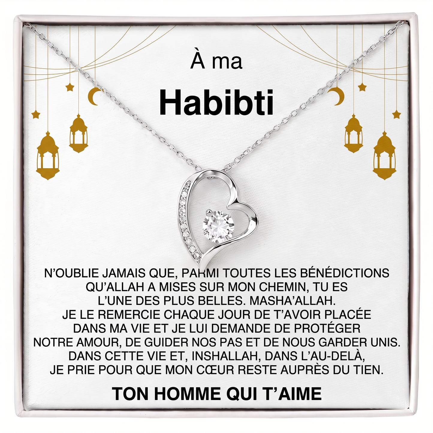 Givelove - Collier cœur À ma Habibti en acier inoxydable argenté, écrin cadeau premium