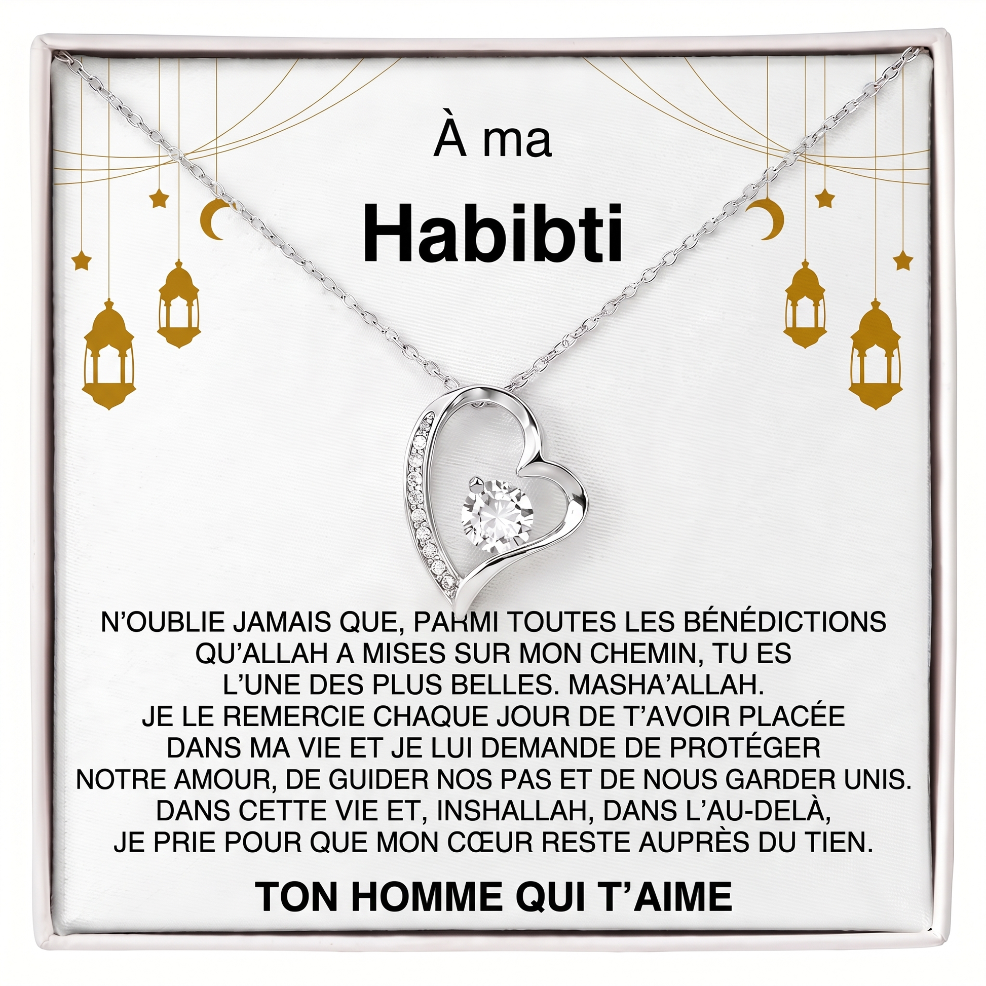 Givelove - Collier cœur À ma Habibti en acier inoxydable argenté, écrin cadeau premium