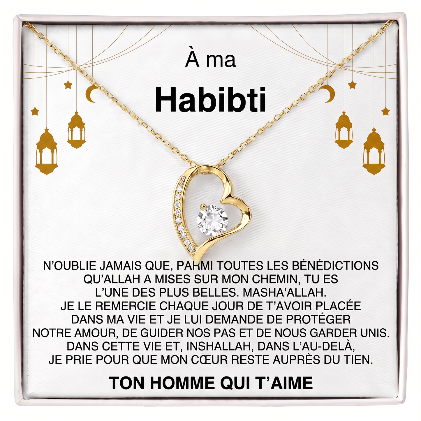 Givelove - Collier cœur À ma Habibti en acier inoxydable doré, écrin cadeau premium
