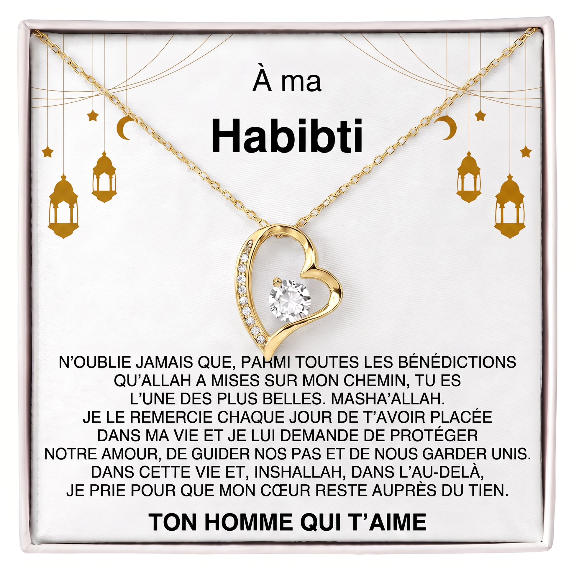 Givelove - Collier cœur À ma Habibti en acier inoxydable doré, écrin cadeau premium